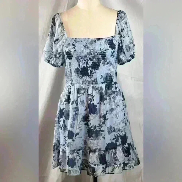 NWT - Francesca's Light Blue Flowered Dress with Elastic Bodice Dress (Size L) - Picture 1 of 9